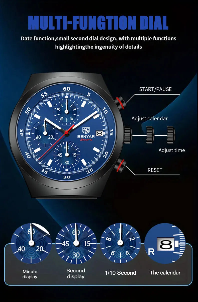 Benyar Men's Quartz Watch Simple Design Waterproof Chronograph Sports Watch Luminous Timer Stopwatch Business Wristwatch For Man