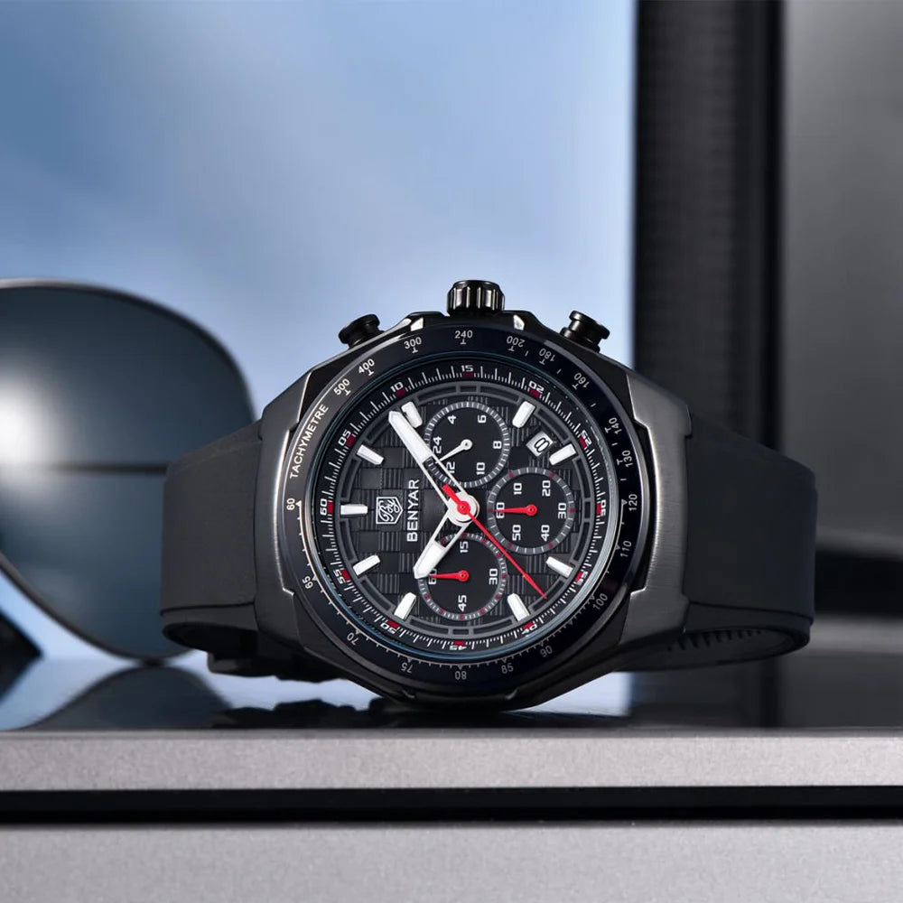 BENYAR 2025 44MM Multi functional Complex Luxury Men Quartz Watches Waterproof Stainless Steel Men Chronograph Gift With Box