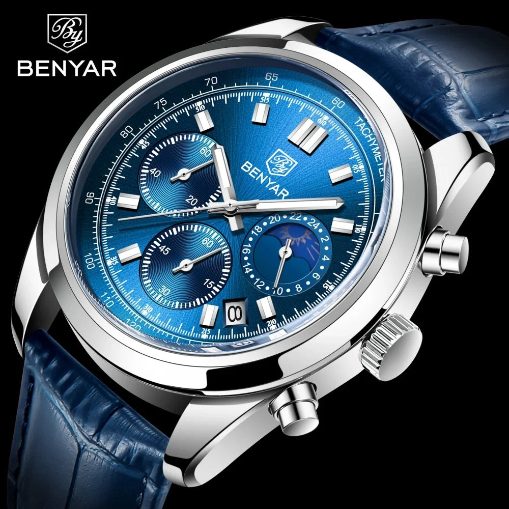 BENYAR New Men Watch 30ATM Waterproof Stainless Steel Quartz Wristwatches Luxury Leather Military Chronograph Watch reloj hombre
