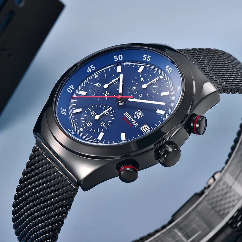 Benyar Men's Quartz Watch Simple Design Waterproof Chronograph Sports Watch Luminous Timer Stopwatch Business Wristwatch For Man