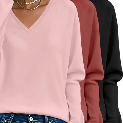3pcs Women'S 100% V-Neck Long Sleeve T-Shirts - Soft, Durable, and Comfortable Casual Wear for All Seasons, Perfect for Holidays, Graduations, and Everyday Style, Everyday Comfort Wear | Minimalist Style | Soft Fabric Tee