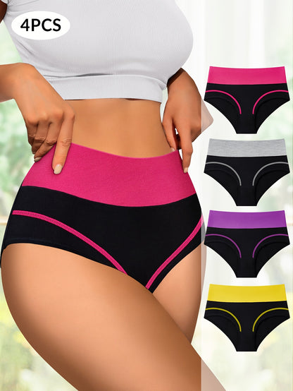 4-Pack High-Waisted Tummy Control Women's Panties, Fashionable Color-Block Comfort Fit Briefs