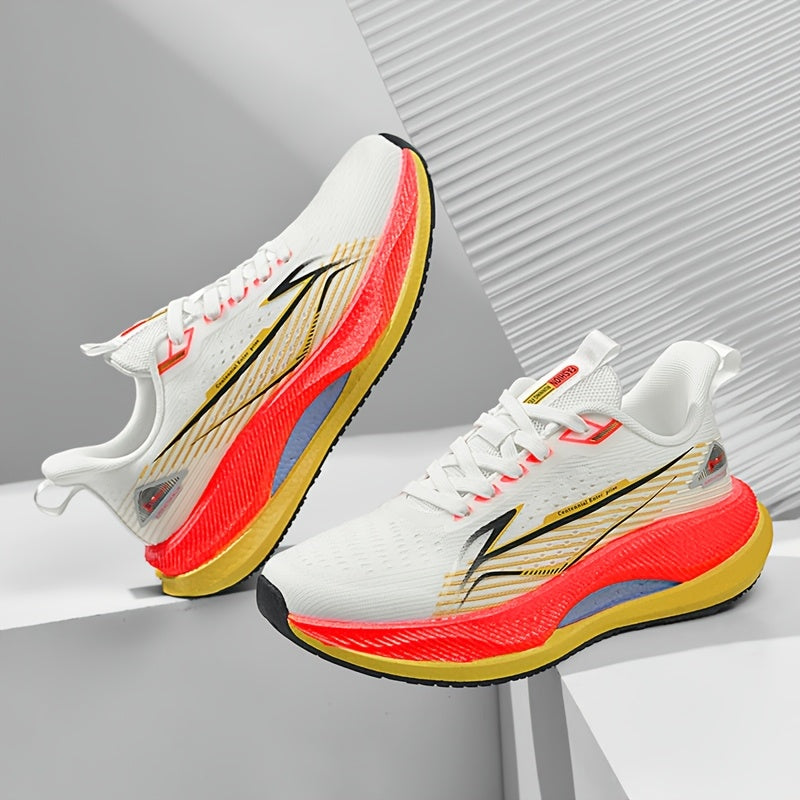 Men's All-Season Running Shoes - Breathable Knit Gym Sneakers with Cushioned MD Sole, Non-Slip Grip - Lightweight Sneakers for Marathon, Training, Everyday - White/Green/Orange Accent - Lace-Up Closure, Marathon Footwear, Geo