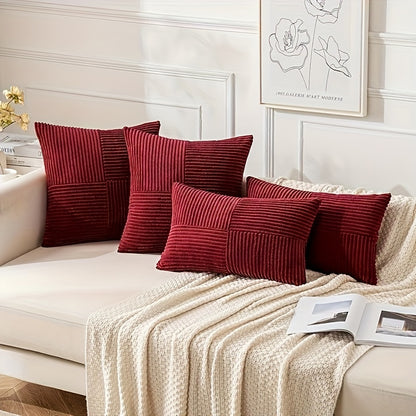 4pcs of mixed pillows (2pcs of square + 2pcs of rectangle) with pillow core, regular surface, all-match wear-resistant corduroy striped pillow, suitable for sofa bedroom living room balcony decoration pillow