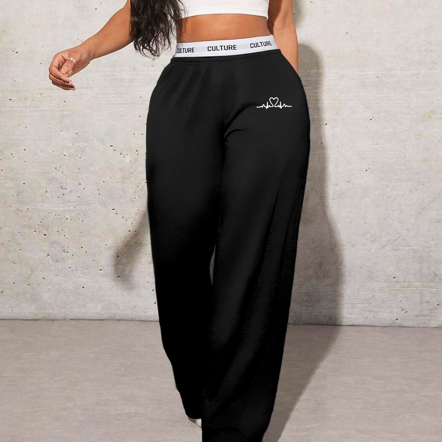 2pcs Women'S High-Waisted Wide-Leg Pants with Heart Letter Print - Casual Loose-Fit Joggers, Solid Color, All-Season Comfort, Pockets, Versatile for Casual Attire