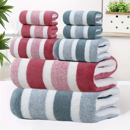 8pcs Set of Lint-Free, Super Absorbent And Super Soft Five-Star Hotel Standard Two-Color Striped Bath Towel Set, Including 2 Large Bath Towels, 2 Large Face Towels And 4 Hand Towels - Quick Drying | with Hanging Loop | Light