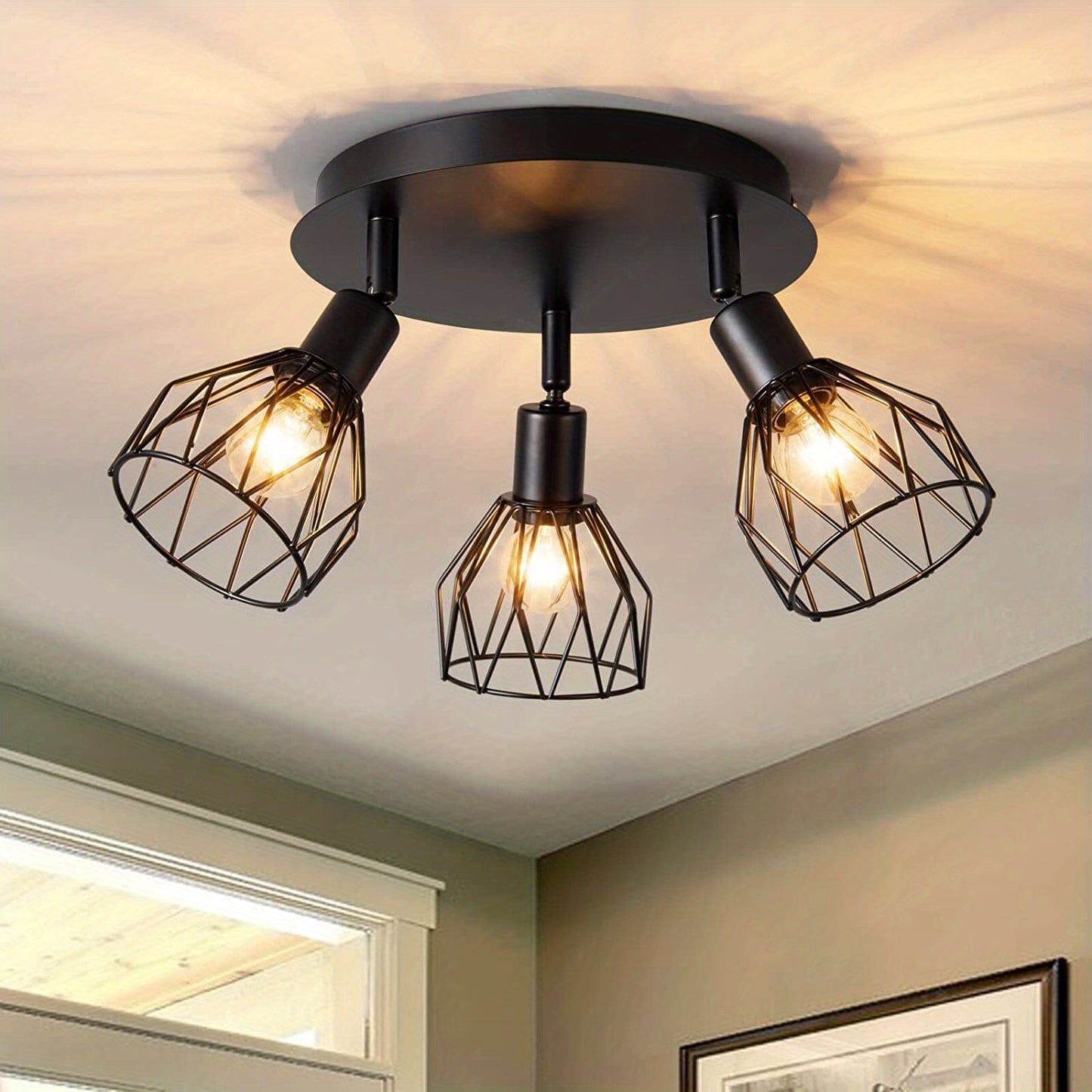 Kitchen lighting fixtures are ceiling mounted, with a three way rotating black iron lampshade, suitable for use in kitchen farmhouses, restaurants, porches, corridors, etc. ( excluding E14 bulbs)