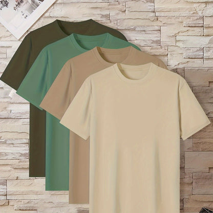 4 Pcs Of Men's Simple Style Casual Solid Color Tees, Comfy Short Sleeve Crew Neck T-shirt Home Pajamas Top Men's Summer Outdoor Clothing