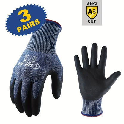3 Pairs of Level 3 Cut Heavy Duty Work Gloves with Firm Non-Slip Grip, Durable &amp; Breathable Nitrile Foam Coating, and Touchscreen Compatible 3D-Comfort Fit