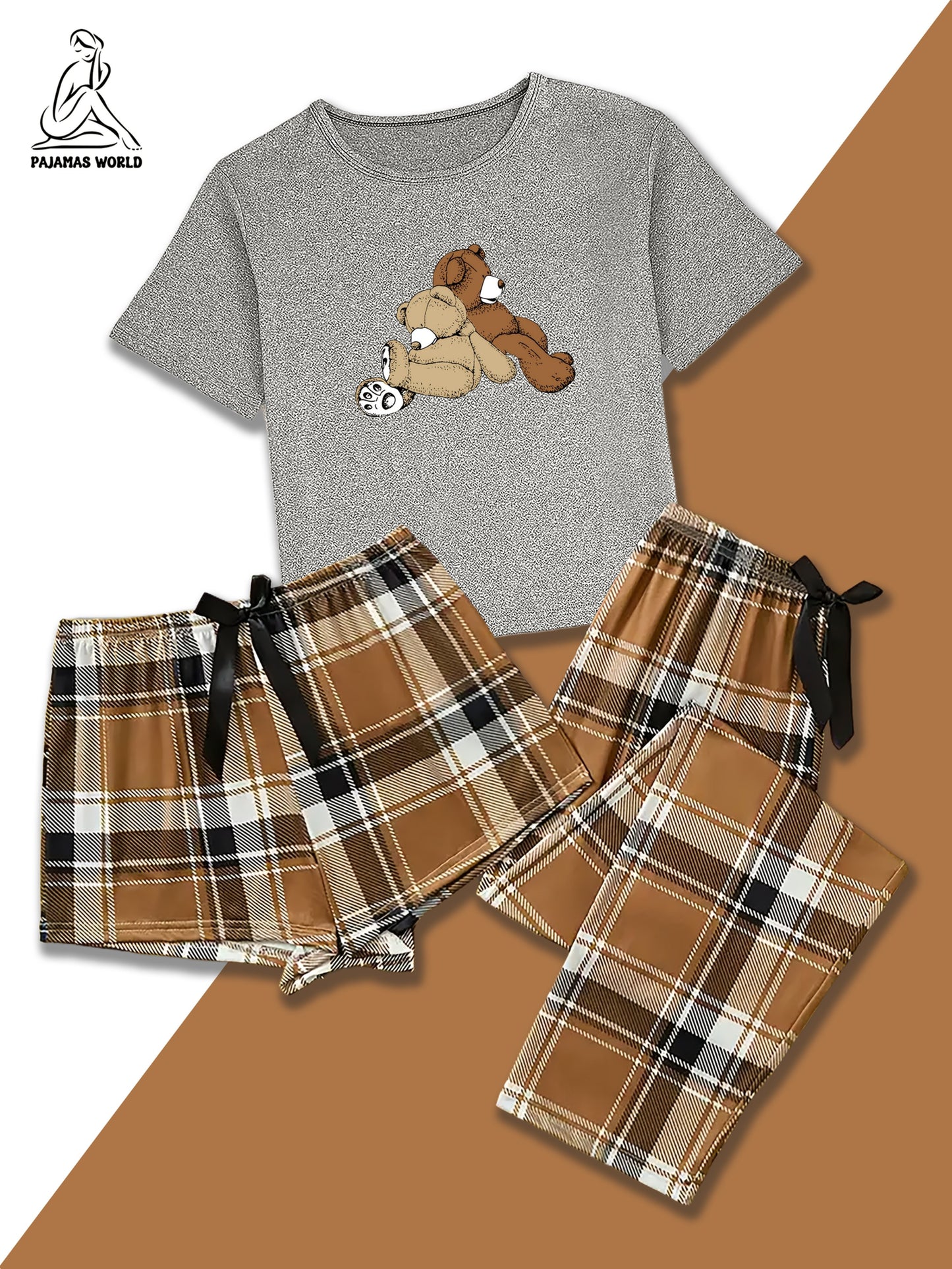 Conjunto de pijama casual para mulher com estampado de urso e xadrez - Blusa de manga curta macia e larga com cintura elástica, calças compridas e calções, roupa de dormir aconchegante para o outono/inverno