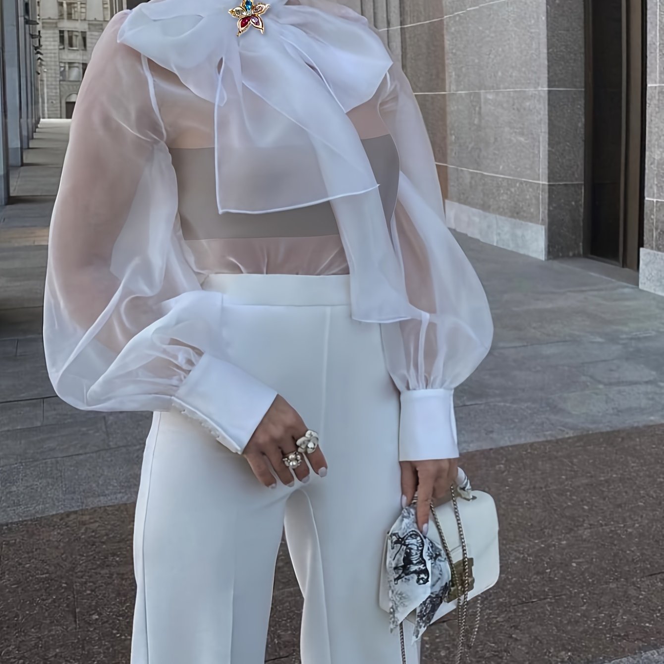 Elegant Plus Size Women'S Blouse with Sexy Bow Collar, Bubble Sleeves, and Pearl Accents - Chic Solid Color Non-Stretch Fabric for All Seasons, Plus Size Blouses