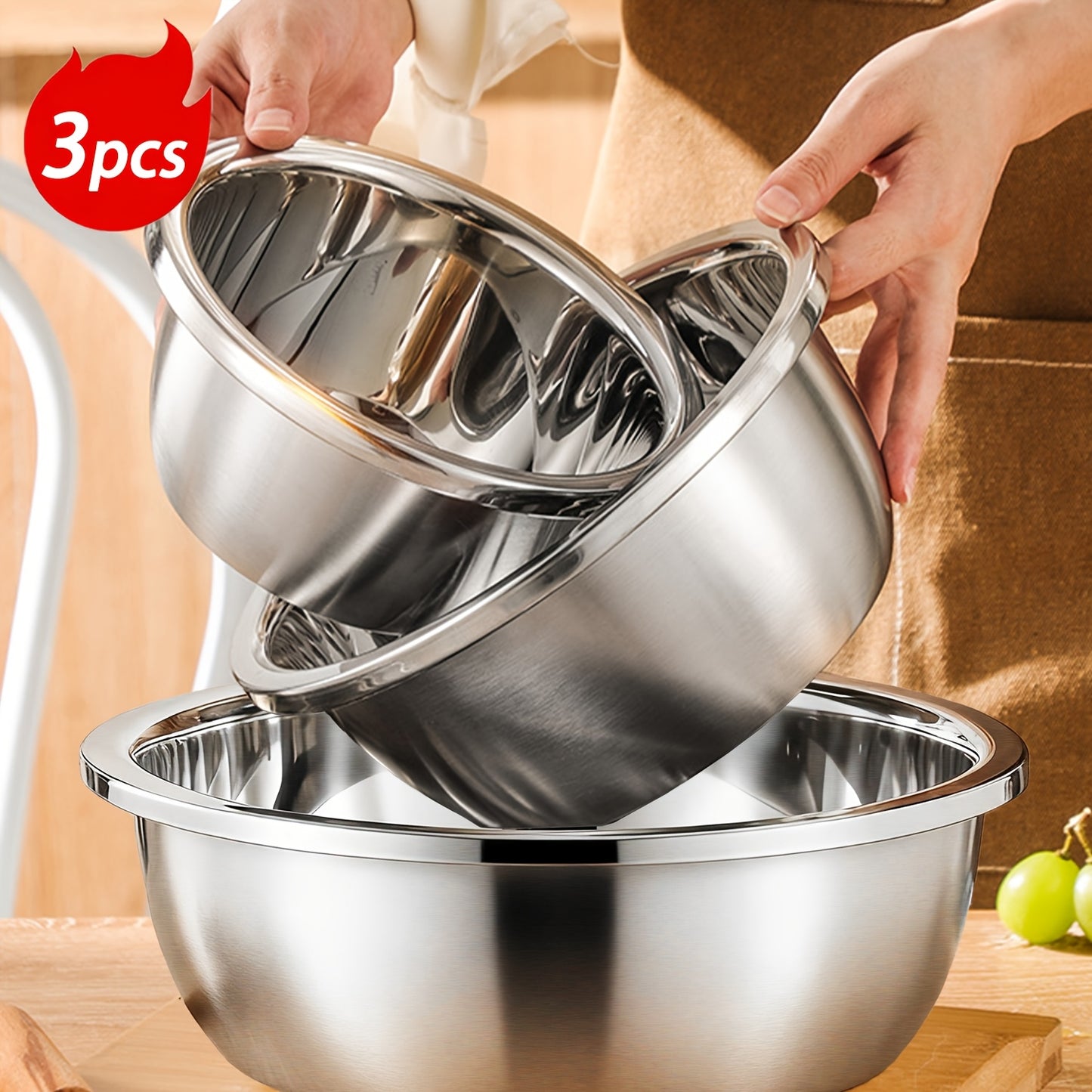 3pcs Stainless Steel Mixing Bowls, Oversized Stainless Steel Kitchen Bowls, Baking And Noodle Bowls, Mixing Salads, Washing Vegetables And Fruits, Soup Bowls, Salad Bowls, Etc. Three Sizes Suitable for a Variety of Scenarios