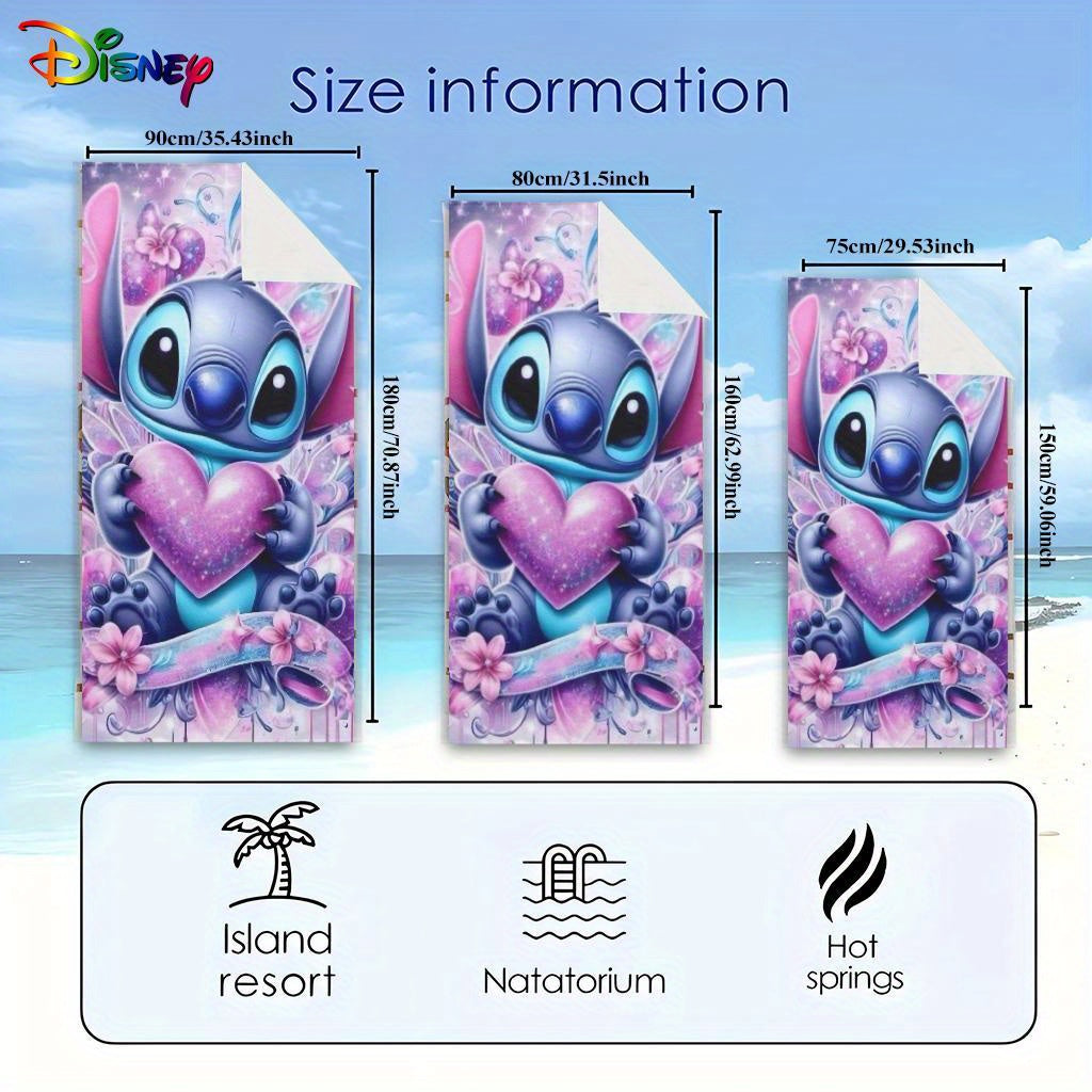 1pc Stitch Beach Towel - Large, Soft Polyester Microfiber Beach Mat with Cute Blue Alien Holding Pink Heart Design, Floral & Heart Patterns, Absorbent & Quick-Dry, Perfect for Yoga, Swimming, Travel, and More - Beach Accessor