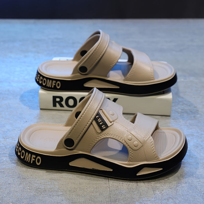 Sandálias de verão para homem, estilo slide - Confortáveis ​​em EVA, pretas com detalhes em branco, tira ajustável com fecho de velcro, design casual de bico aberto para uso exterior, sandálias de verão.
