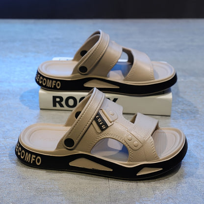 Sandálias de verão para homem, estilo slide - Confortáveis ​​em EVA, pretas com detalhes em branco, tira ajustável com fecho de velcro, design casual de bico aberto para uso exterior, sandálias de verão.