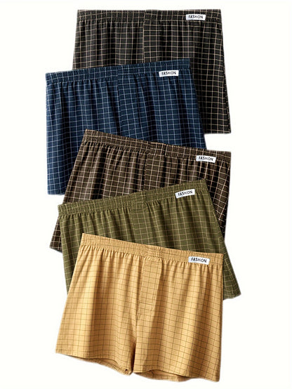 3pcs Men'S Loose Fit Plaid Boxer Briefs - 95% Mid-Rise Athletic Shorts with Elastic Waistband, Breathable &amp; Comfortable for Casual Attire, Black/White/Beige/White/Gray/Beige, Everyday Comfort Shorts | Relaxed Fit Shorts | Med