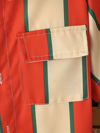 2pcs Boys Teen Casual Striped Short Sleeve Shirt &amp; Pocket Side Shorts Set Clothes For Summer