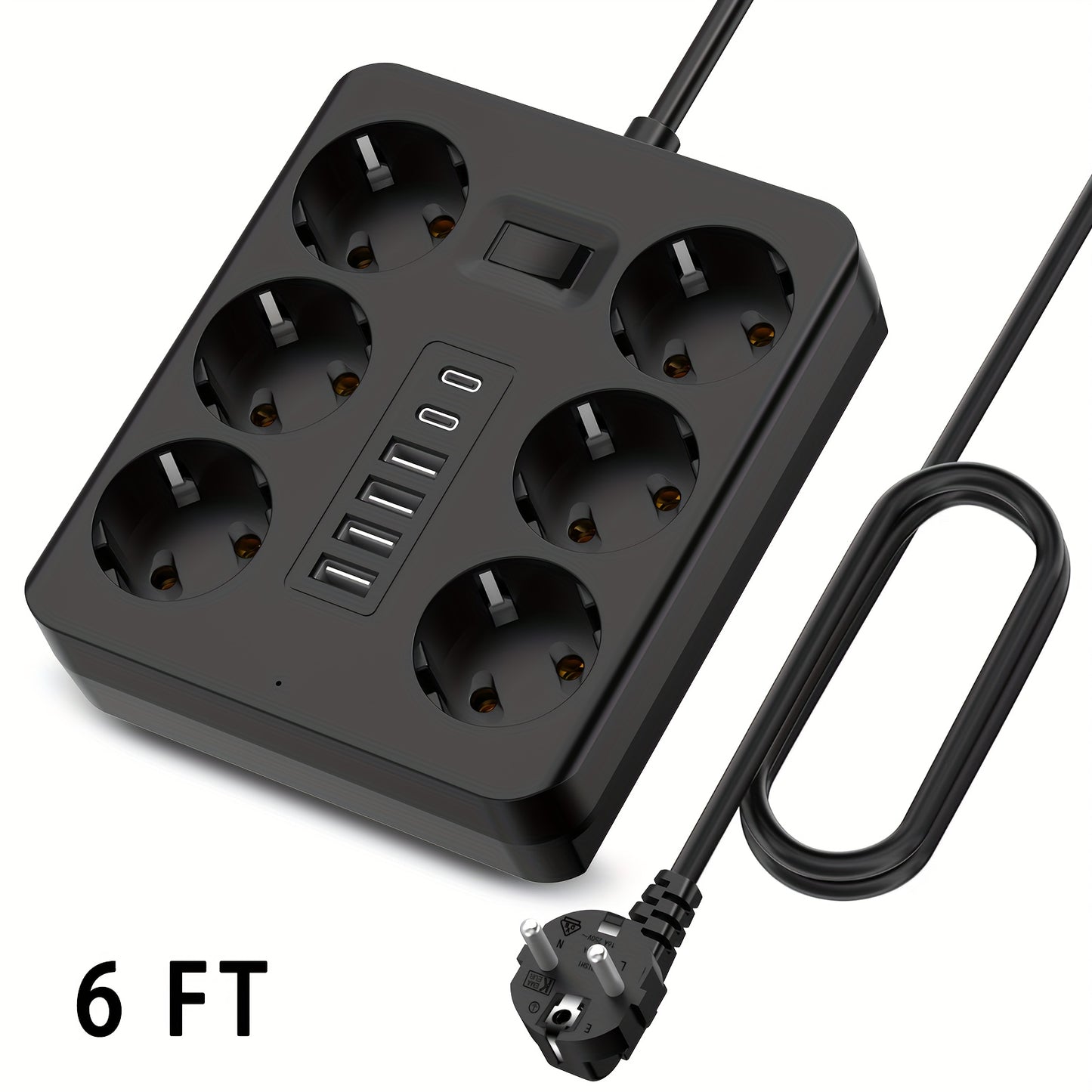 12-in-1 Power Strip with 6 Outlets and 6 USB Ports (2 USB-C) | 182.88cm Flat Plug Wall-Mounted Desktop Charging Station, Suitable for Home Office Dorm Essentials | Multi-Plug Expander