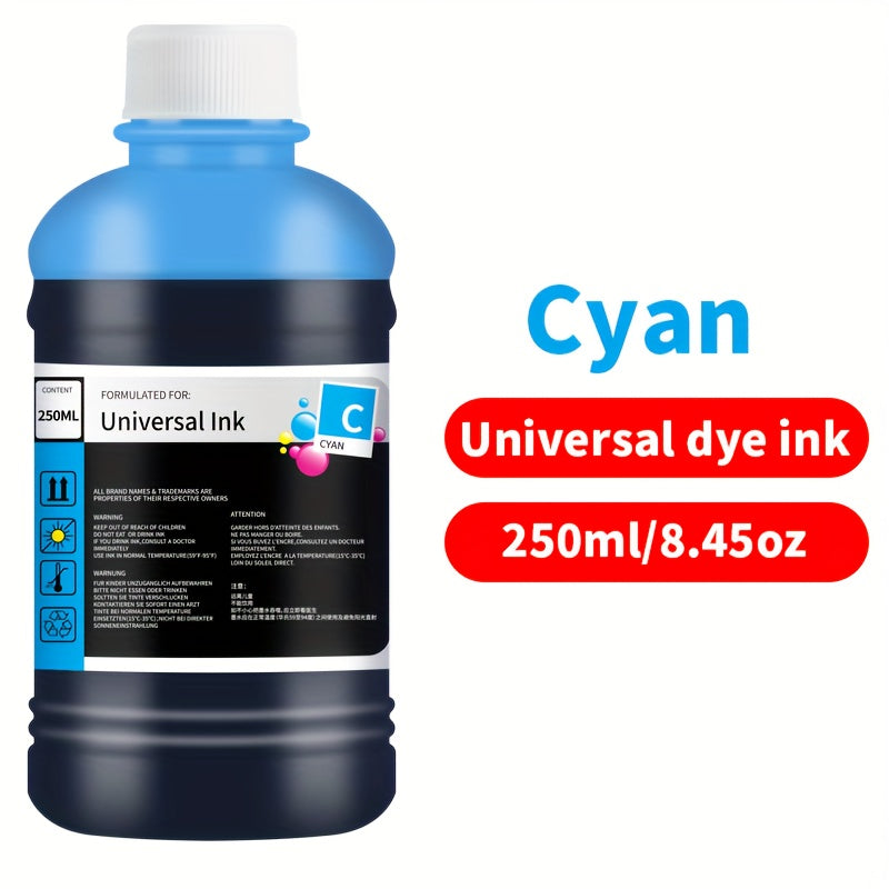 Dye Ink Cartridge Filling for Canon, Epson, HP, and Brother Printers - 250ml/8.45 oz universal ink cartridge with 4 color options (black, blue, pink, yellow) for HP 301XL, 302XL, 305XL, 304XL, PG-545, CL-546, 245, 246, 745 - H