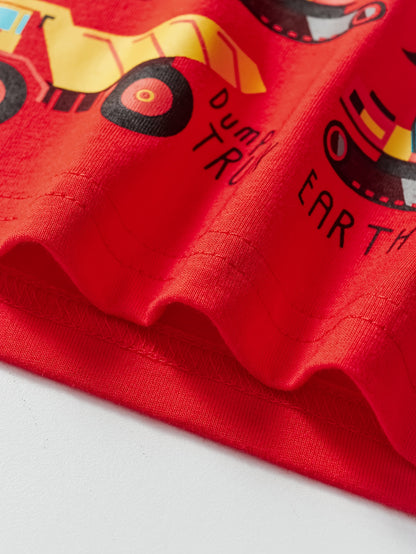 Boys' Cotton Short Sleeve T-Shirt with Cartoon Excavator Print, Breathable Summer Trend