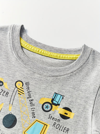 Boys' Cotton Short Sleeve T-Shirt with Cartoon Excavator Print, Breathable Summer Trend