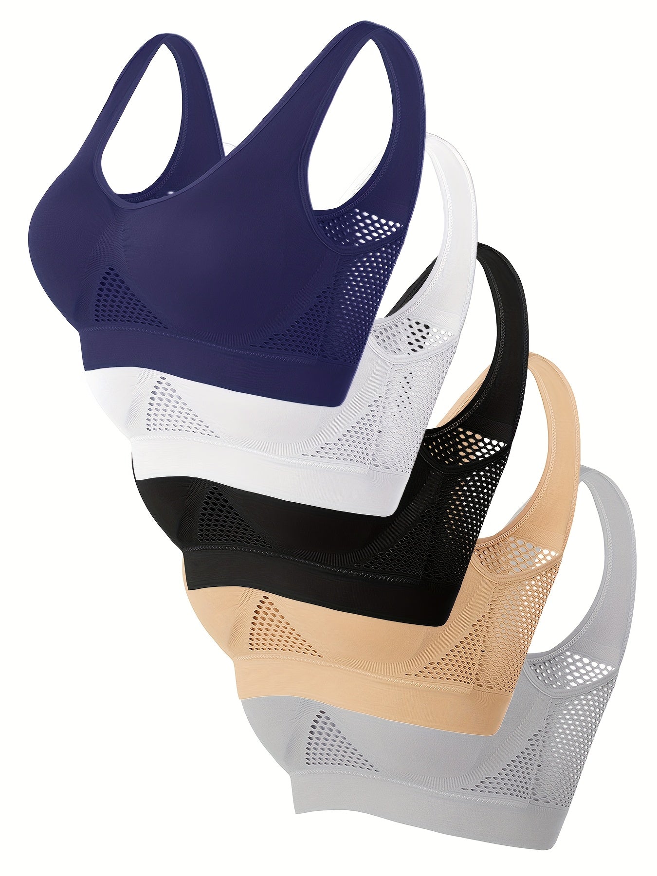 5pcs, solid color brass sports shoes, wire-free, padded, breathable mesh, high elasticity for yoga and running.