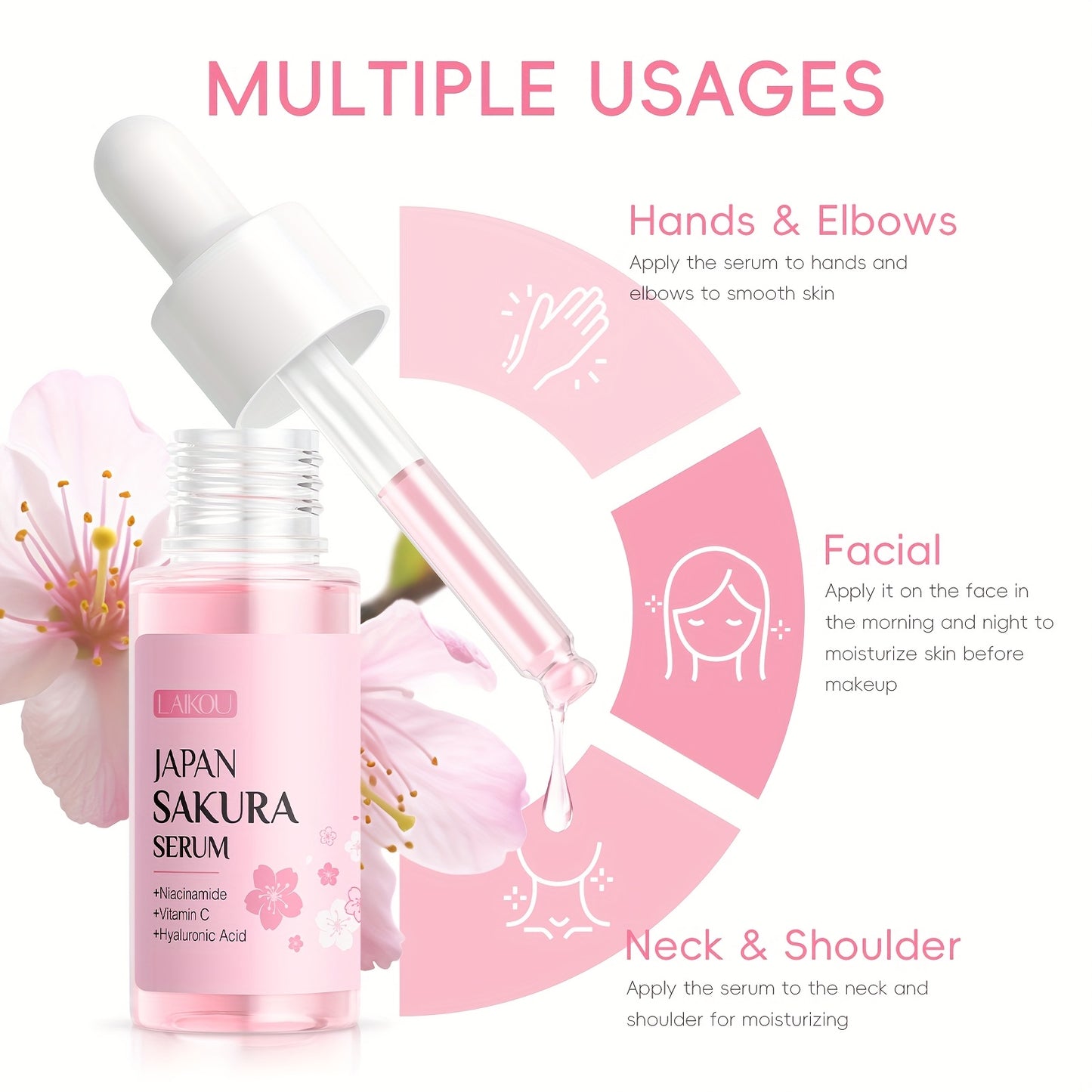 Kit de cuidados de pele LAIKOU Sakura com 3 peças - Kit de viagem com sérum, creme facial e creme de olhos (17ml, 30g - Niacinamida e Vitamina C, Ácido Hialurónico, Todos os tipos de pele, Unissexo, Essenciais de beleza | Estética Rosa | Kit compacto