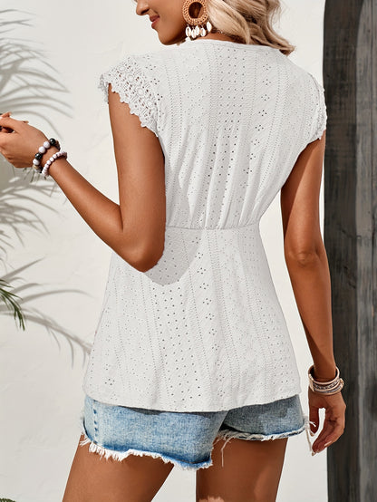 Elegant White Lace-Trimmed V-Neck Blouse with Eyelet Detailing - Short Sleeve, Crochet Texture, Perfect for Summer, Women'S Fashion, Casual Summer Wear | Lace Trim Top | Crochet Texture