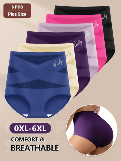 6-Pack MIOTAN Plus Size High-Waisted Tummy Control Panties for Women, Breathable Mesh Crossed Waistband, Seamless Fiber, Shaping Butt Lifting Underwear, Elegant Solid Color, Medium Stretch Knit Fabric, 90% Polyester 10% Elast