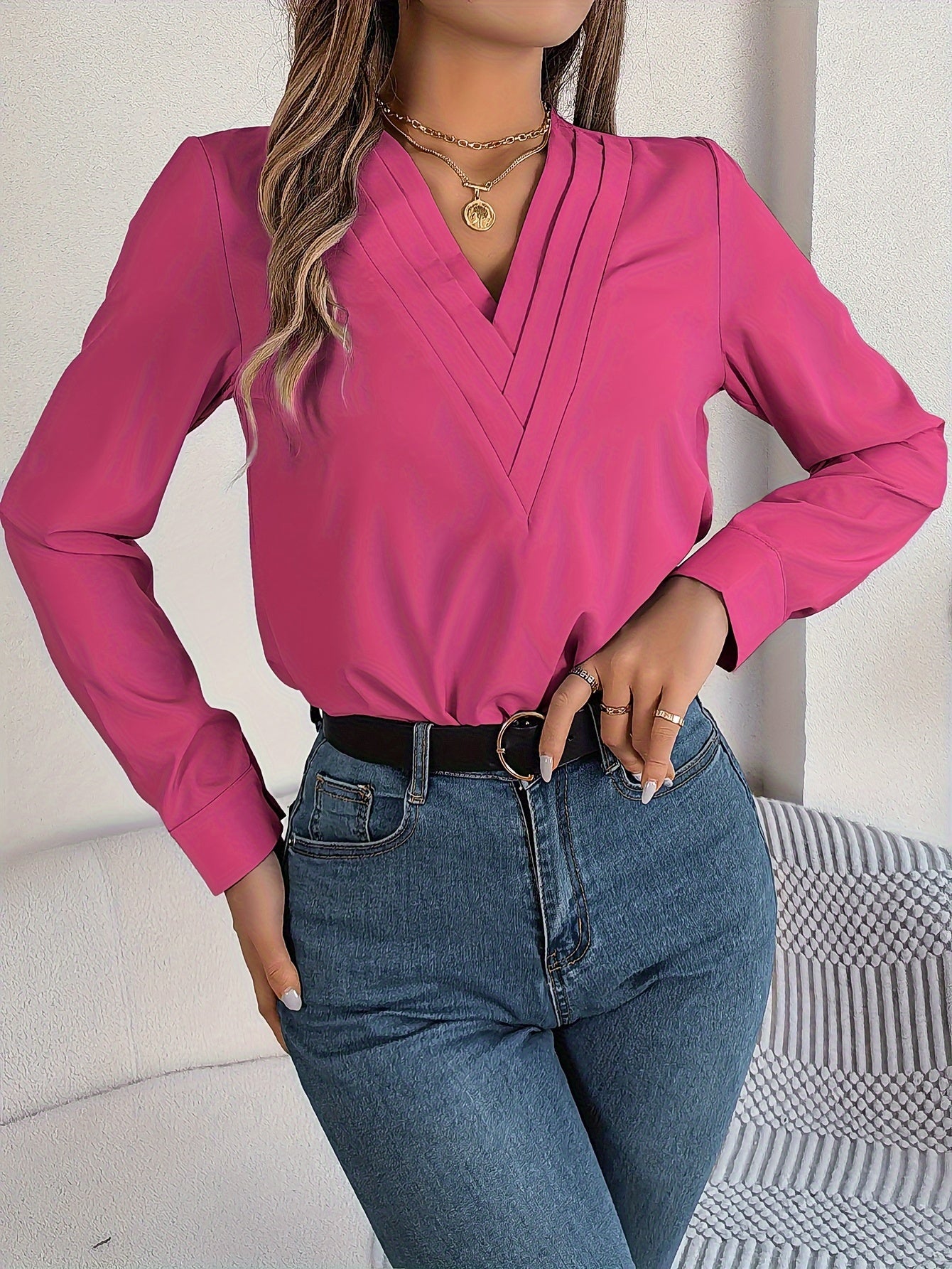 Women'S Elegant V-Neck Long Sleeve Shirt, Solid Color Polyester Blouse with Triple V-Cut, 95% Polyester 5% Elastane, Woven Fabric, 120g/m², for Spring/Summer/Fall - Adult