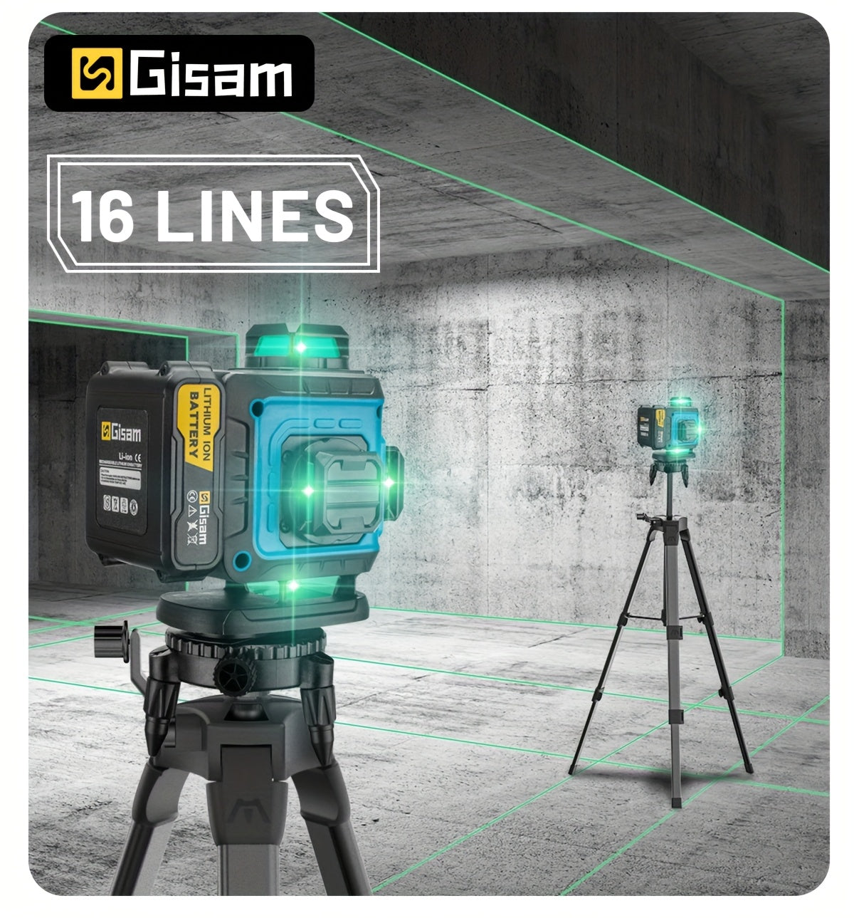 Gisam Multifunctional 16 Lines 4D Green Laser Level with Tripod & App Control, 360° Self-Leveling Horizontal & Vertical Cross Lines, USB & Battery Powered, Includes Carrying Case, Super-Powerful Beam, Portable Design for Ind