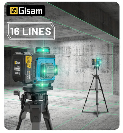 Gisam Multifunctional 16 Lines 4D Green Laser Level with Tripod & App Control, 360° Self-Leveling Horizontal & Vertical Cross Lines, USB & Battery Powered, Includes Carrying Case, Super-Powerful Beam, Portable Design for Ind