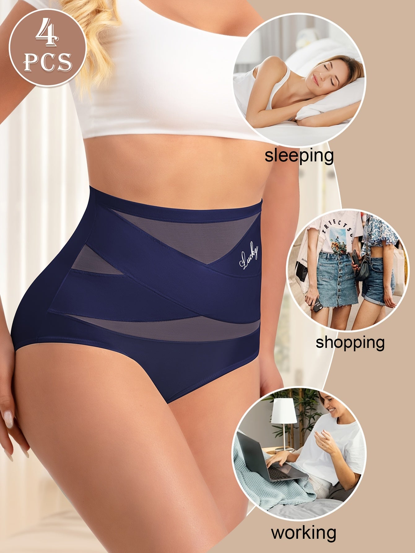 4pcs MEIYATING Women's High-Waist Briefs - Tummy Control Breathable Mesh Underwear, Elegant Solid Color Panties (Pink/Blue/Black/White) - Soft Polyester, Hand Wash Only, Tummy Control Underwear, Everyday Comfort, Crossover Fr