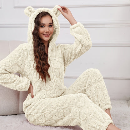 Women's Plush Fleece Hooded Jumpsuit - Cozy Mid-Length Zip-Up Romper with Heart Pattern, Harem Pants & Machine Washable for Autumn/Winter Clothing, Winter Apparel, Playful Bear Design, Soft Texture Apparel