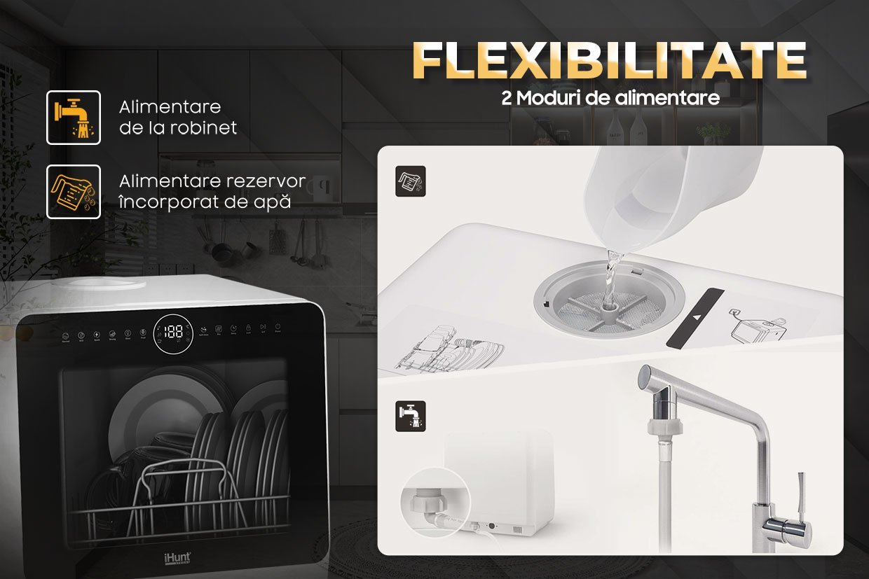 Compact Ihunt Bro Dishwasher Xpert, Turbo Clean, 950W, Drain Pump, Digital Control, Class B, 6 Programs, Heating / Drying, Water Supply Tap / Manual, 5L Water Reserve, 45Cm, White