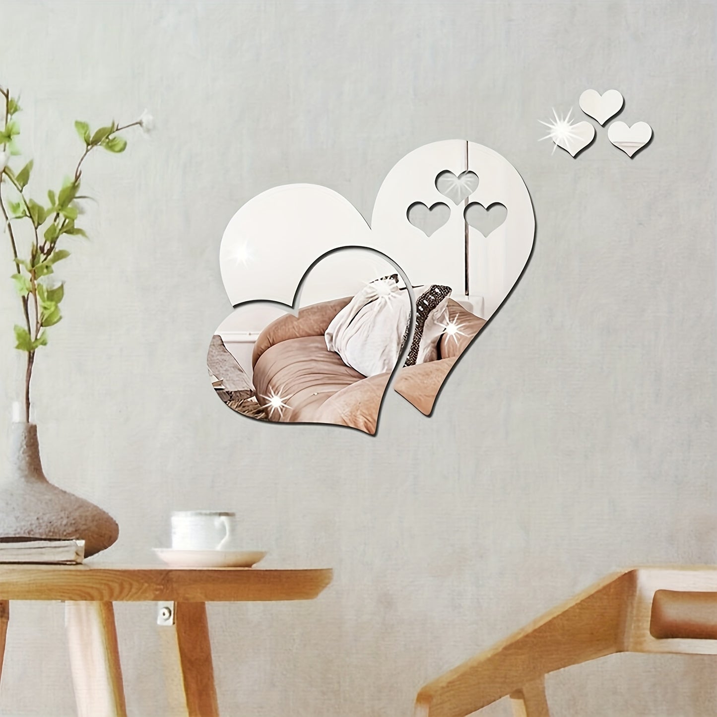 5pcs Mirror Sticker, Acrylic Shatterproof Mirror Heart Wall Stickers Decor For Bedroom Living Room Dining Room Kitchen School（10.2*7.8inch）
