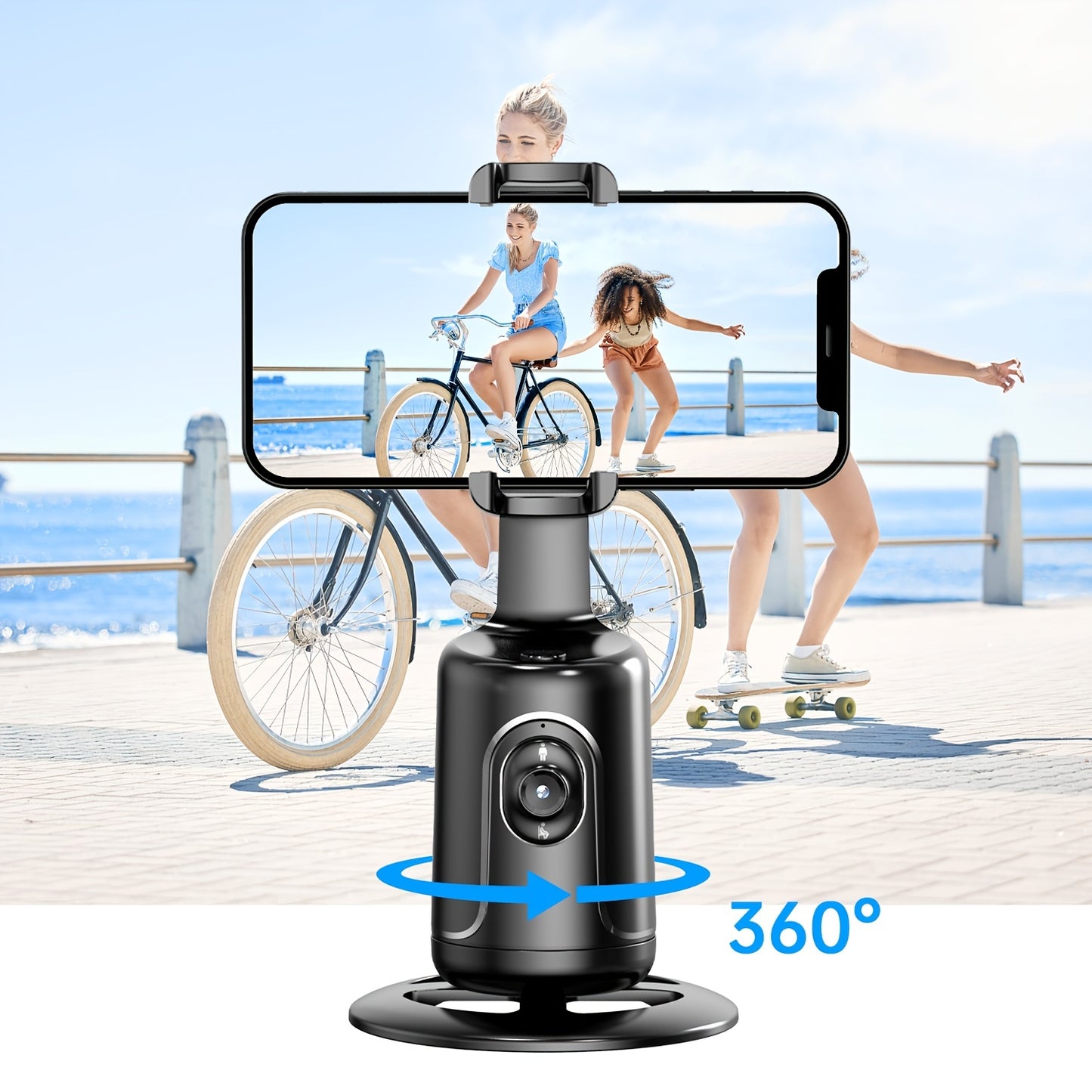Tripé com seguimento facial automático, sem necessidade de aplicação, suporte para telemóvel com rotação de 360° para rosto e corpo, ideal para vlogs e live streams, bateria recarregável, preto.
