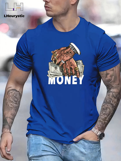T-shirt de gola redonda para homem com estampado de dinheiro e mãos em estilo cartoon, t-shirt casual e confortável para o verão, ideal para usar no dia a dia em resorts e férias.