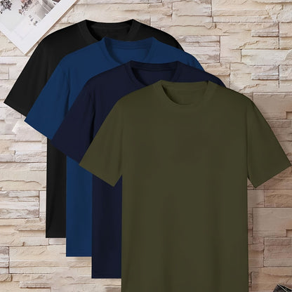 4 Pcs Of Men's Simple Style Casual Solid Color Tees, Comfy Short Sleeve Crew Neck T-shirt Home Pajamas Top Men's Summer Outdoor Clothing