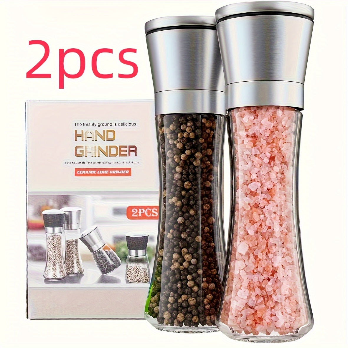 2pcs Premium Stainless Steel Salt and Pepper Grinder Set - Adjustable Ceramic - High Glass Salt and Pepper Mill - This elegant yet practical grinder set enhances your cooking experience, adding flavor to your kitchen