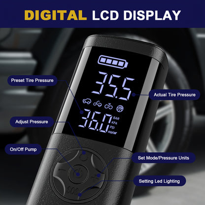 TEMOLA 7-in-1 Emergency Canjumper Starter & Tire Inflator with Digital Display, LED Light, Instant Jump Start, Tire Pressure Detection, Smart Air Compressor, USB Charging, Durable Polymer Battery for Cars, Motorcycles, Bicycl