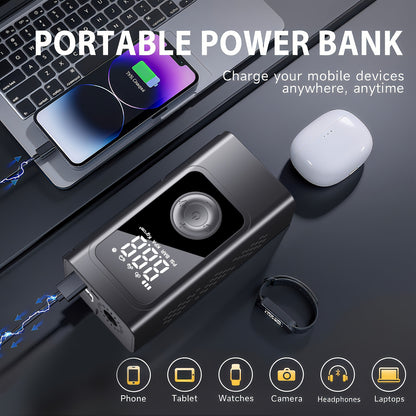 Portable Car Jump Starter with Air Compressor, 5.0 Gasoline/3.0L Diesel Battery Booster, 150PSI Automatic Shut-Off Tire Inflator, 12V Super Safe Lithium Jumper Box, Smart Electric Clamp, LCD Display & LED Light