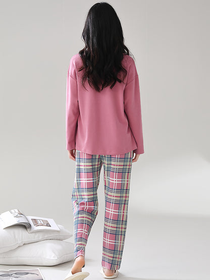 Women'S Cozy Pink Plaid Pajama Set - Long Sleeve Crew Neck Top & Wide-Leg Pants, Casual Fall/Winter Sleepwear, Soft & Comfortable, Perfect for Home or Relaxation, Relaxed Fit Pajamas | Plaid Pattern Pants | Soft Fabric Pants,