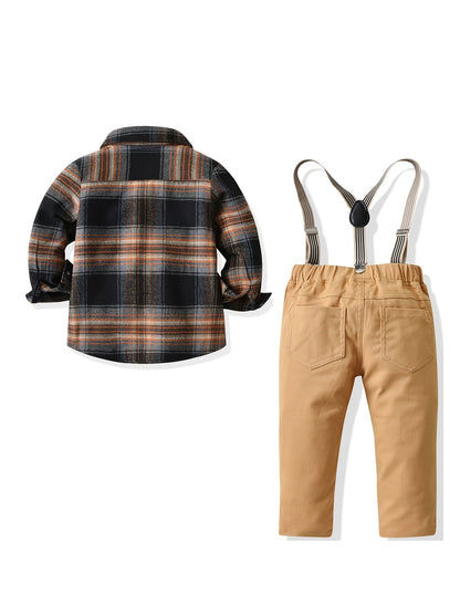 Baby Boy's Gentleman Outfit Long Sleeve Button Bowtie Plaid Shirt & Suspender Pants Set For Daily & Outdoor Wear