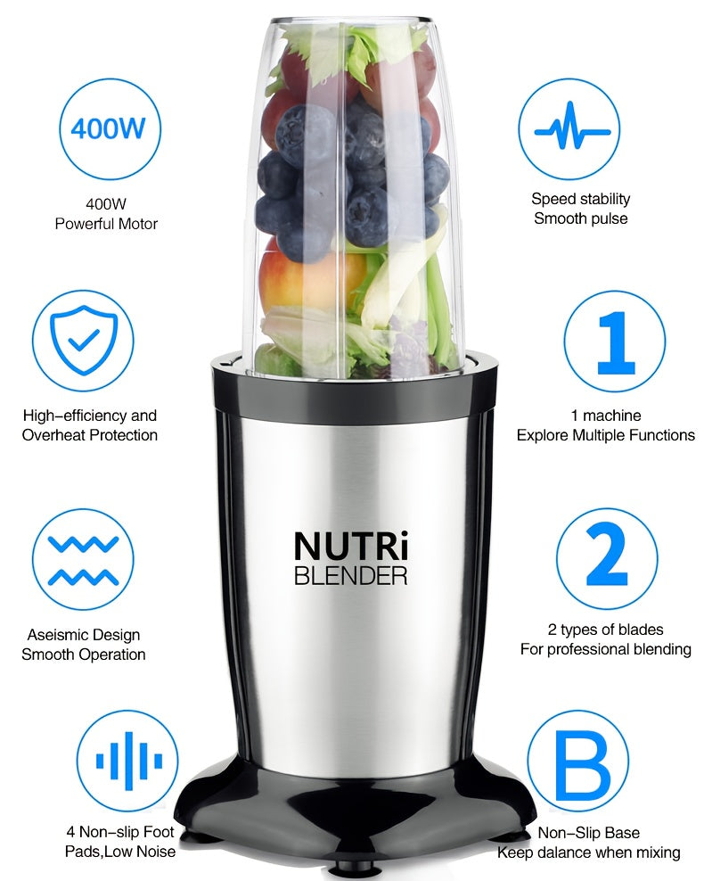 Liquidificador para Smoothies, Batidos e Smoothies, Conjunto de 15 Peças para Cozinha Pessoal com Moedor, Liquidificador Único para Preparar Sumos, Papinhas e Receitas Nutritivas com Escova de Limpeza