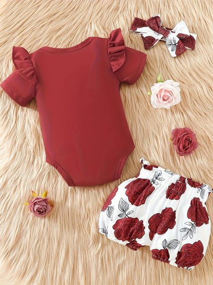 3pcs Short Sleeve &amp; Shorts Set for Newborns - "I'm Daddy's Girl" Letter Print Pants and Headband, Mommy's World Alphabet Kids' Outfit, Perfect for Outdoor