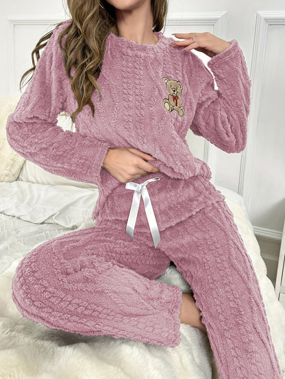 Autumn and Winter Plush Pajamas for Women - Thickened Coral Velvet Long Sleeve Top with Round Neck, Pants Set, Cute Bear Embroidery Cartoon Warm Suit, Comfortable Casual Outfit