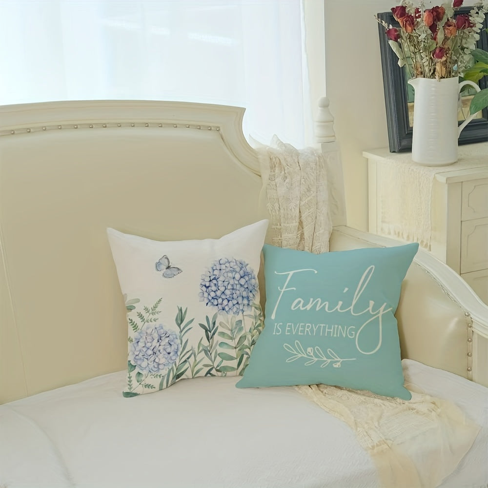 4pcs Blue Hydrangea Linen Blend Throw Pillow Covers, Cushion Cover For Bed Sofa Couch Living Room Decor Home Decor, No Pillow Insert, 18inch*18inch