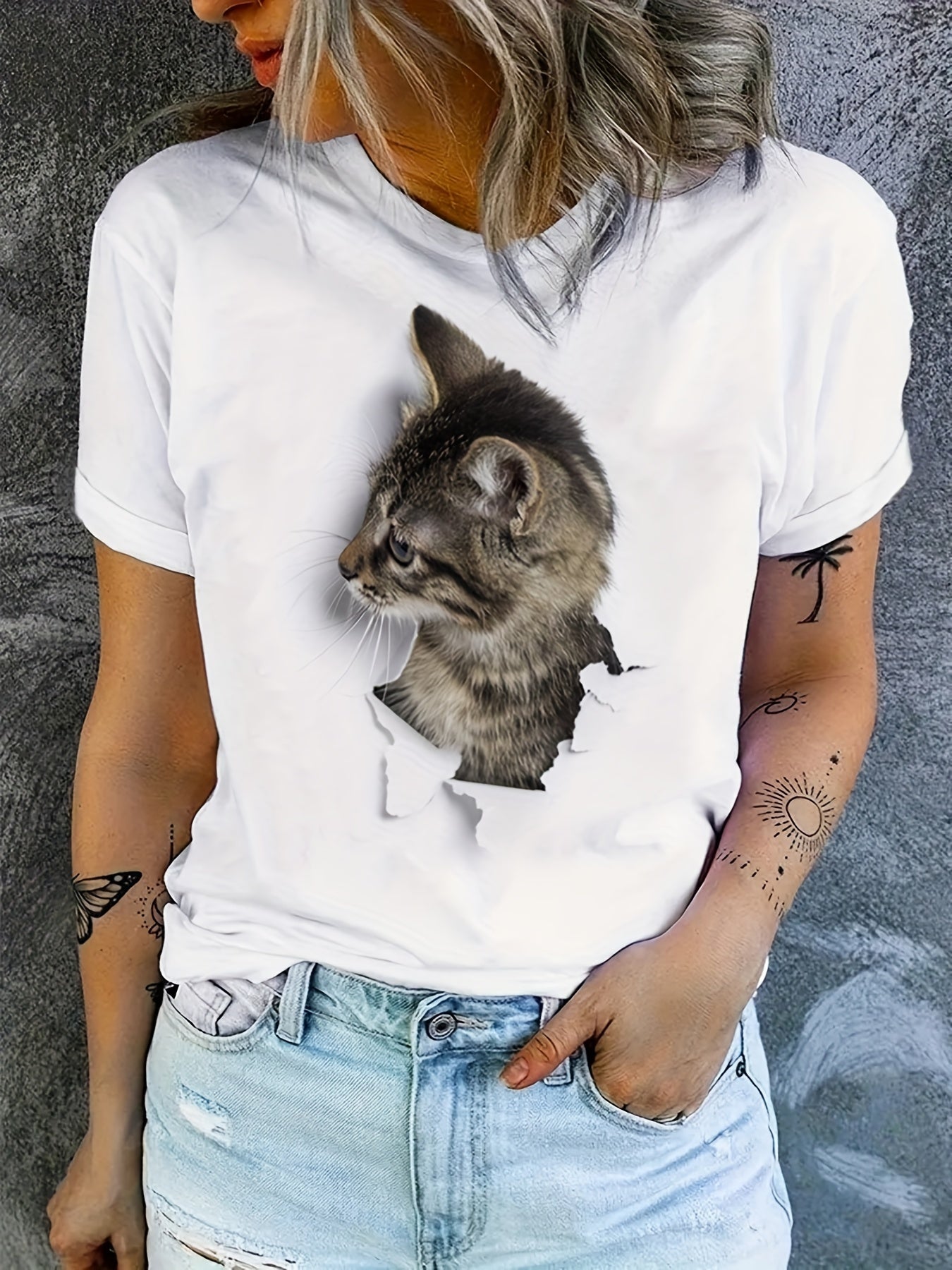 Cute Cat Print T-shirt, Crew Neck Short Sleeve T-shirt, Casual Everyday Tops, Women's Clothing