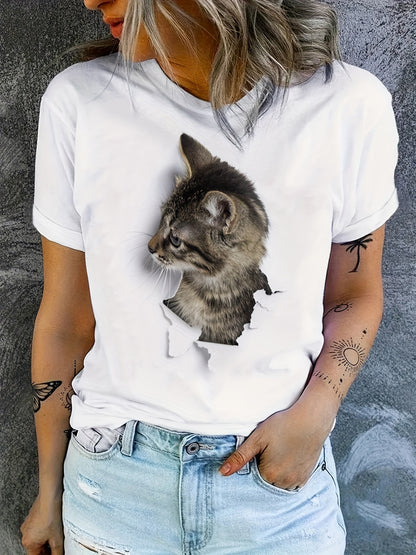 Cute Cat Print T-shirt, Crew Neck Short Sleeve T-shirt, Casual Everyday Tops, Women's Clothing